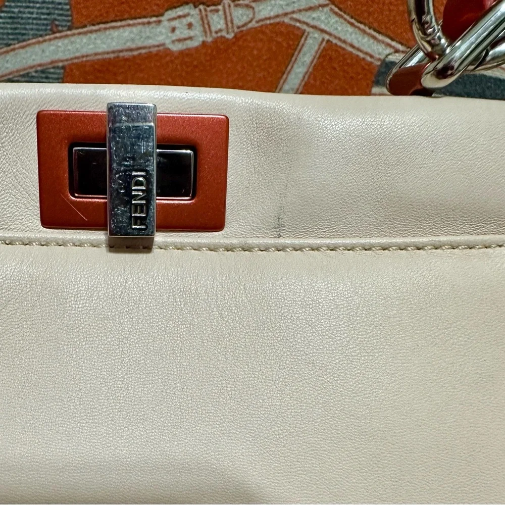 Fendi Peekaboo Cream/blush Leather Satchel with Red Handle and Silver Hardware